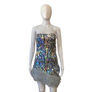 AKIRA Black Silver Mirror Effect Mini Dress Strapless Club Rave Festival Size L